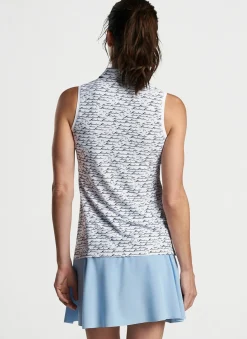 Banded Sport Mesh Birdie Print Sleeveless Button Polo